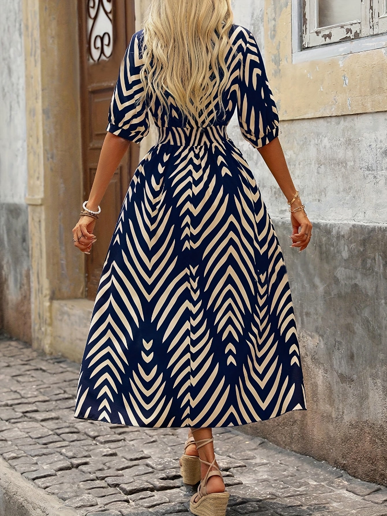 Women's Elegant Vacation V-Neck Midi Dress with Bold Blue & White Chevron Print, Tie Waist, and Half Sleeves - Perfect for Spring/Summer Getaways, Casual Elegance | Aline Silhouette | Stylish Coverup, Vacation Dress